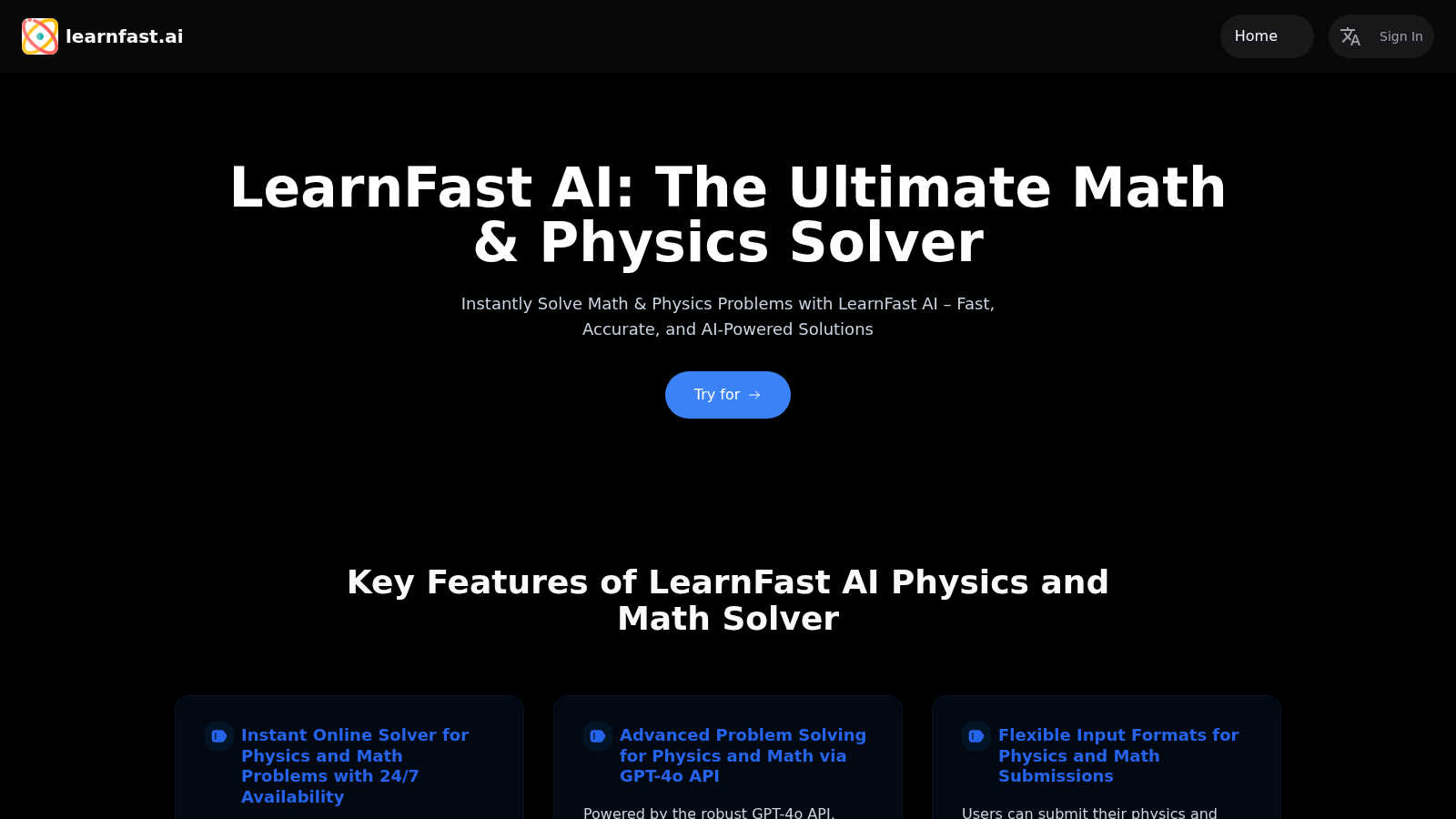LearnFast AI: Free AI Physics Solver application interface and features