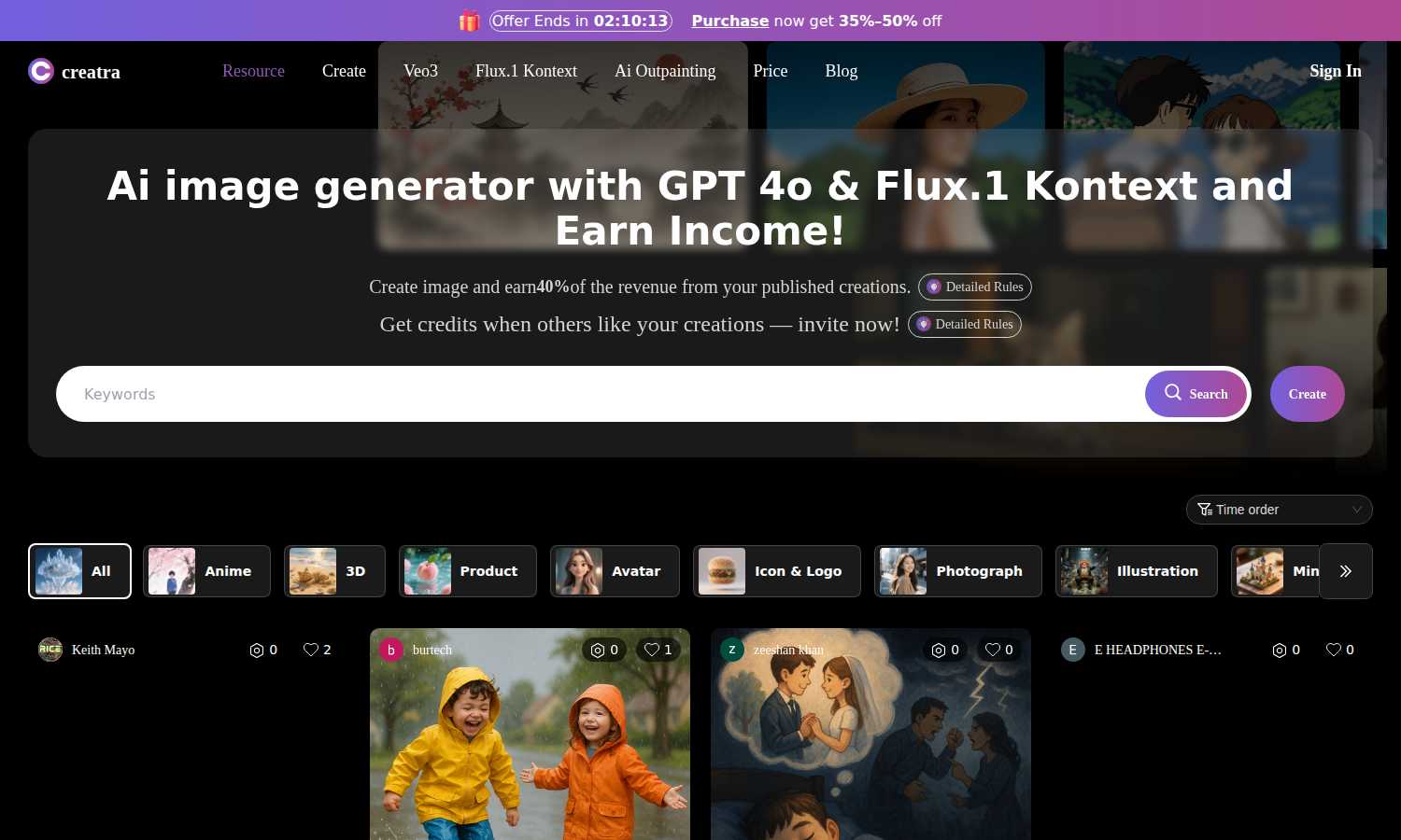Creatra Art application interface and features