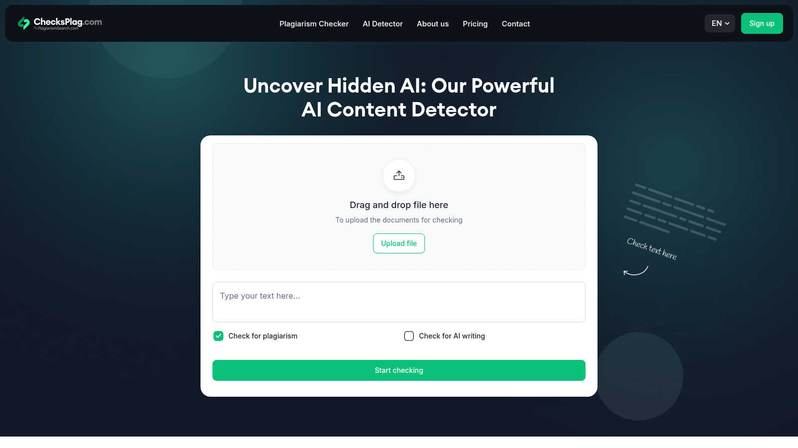 ChecksPlag.com application interface and features