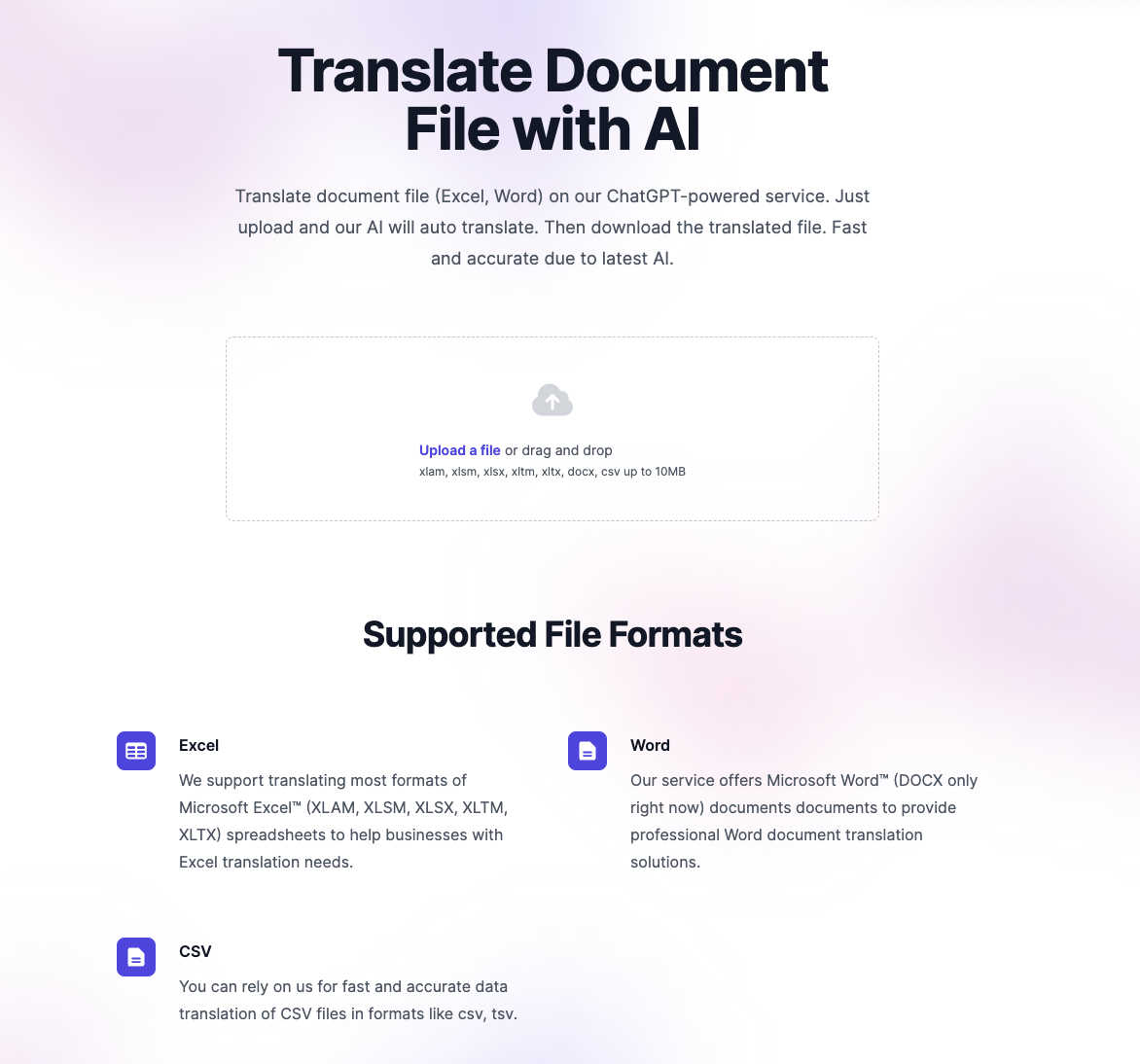 Translate Document File with AI application interface and features