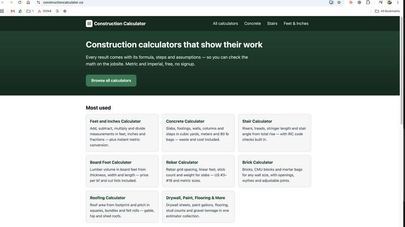Construction Calculator application interface and features