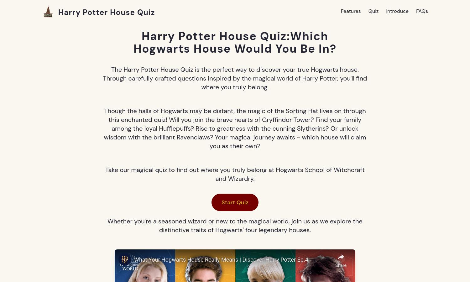 Harry Potter House Quiz Website