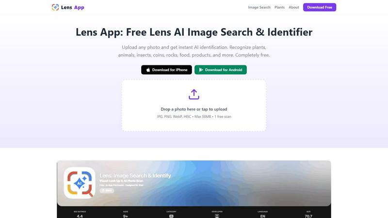 Lens AI - Reverse Image Search application interface and features