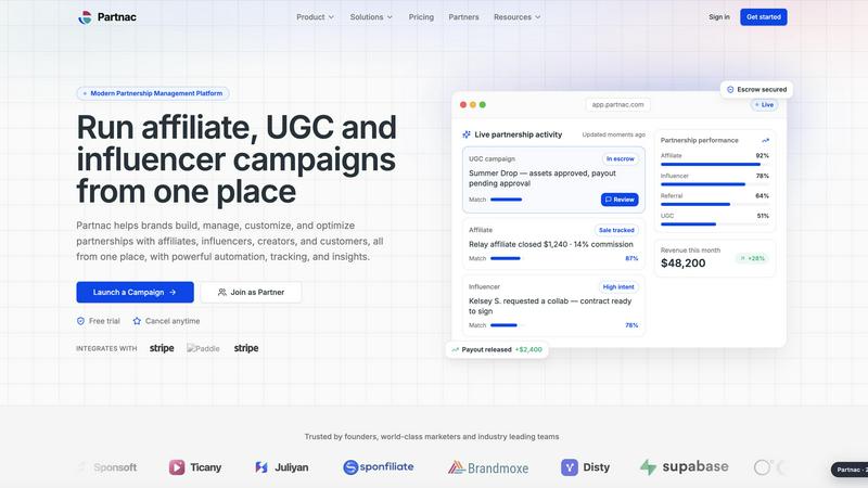 Partnac application interface and features