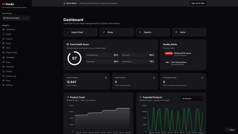 42feeds application interface and features